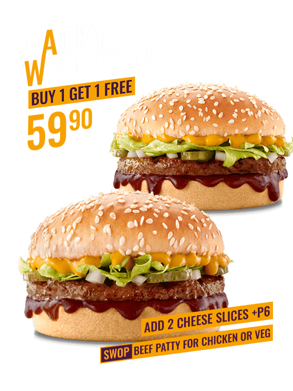 Two burgers on a grey surface against a purple background