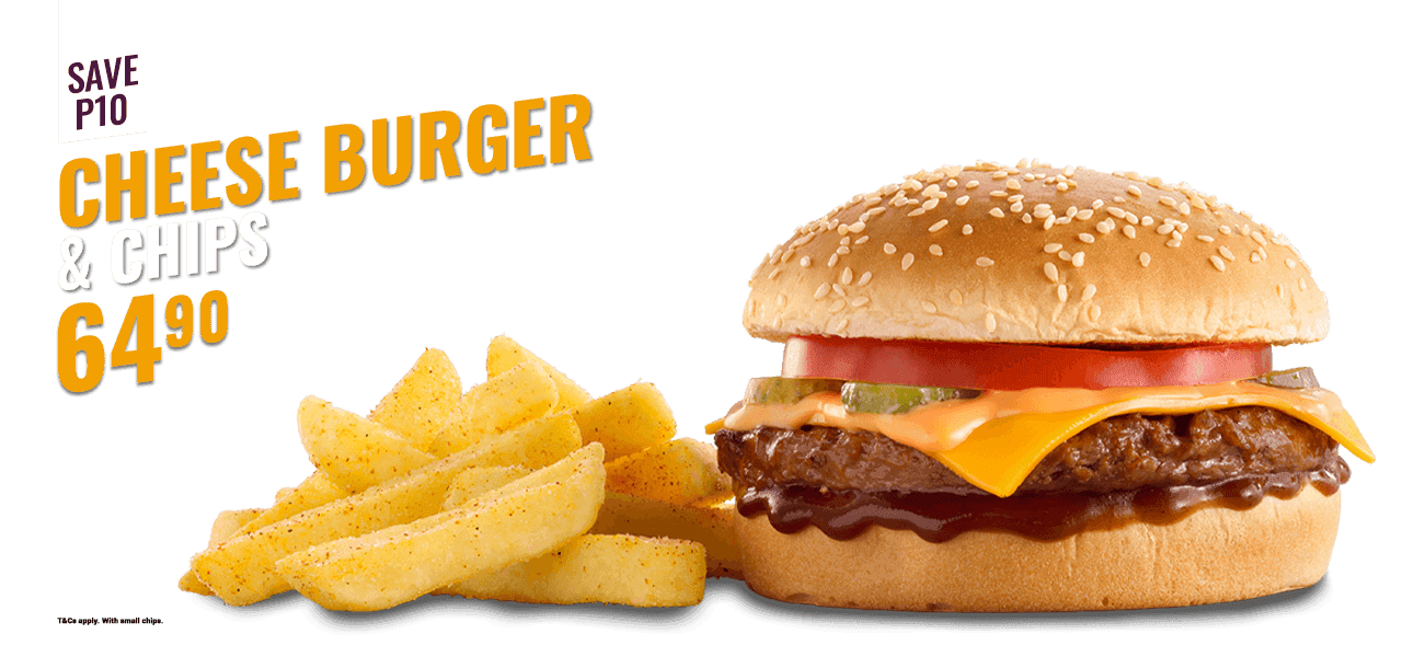 Cheeseburger and chips meal special featuring a sesame seed burger with cheese and tomato
