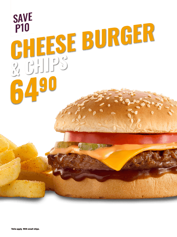 Cheeseburger and chips meal special featuring a sesame seed burger with cheese and tomato