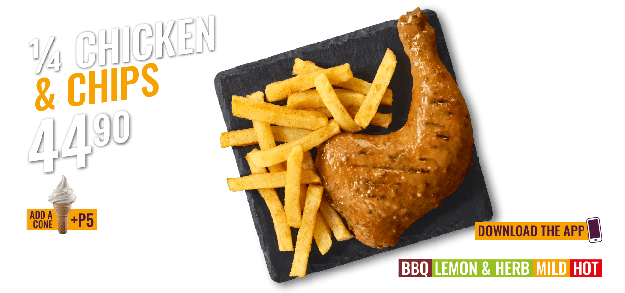 Quarter chicken leg and chips meal deal for 44.90 with option to add an ice cream cone for 5.