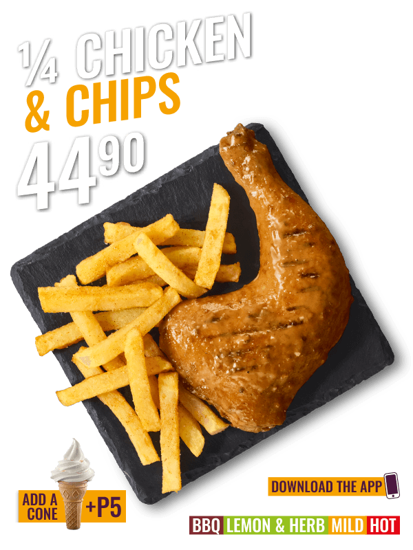 Quarter chicken leg and chips meal deal for 44.90 with option to add an ice cream cone for 5.